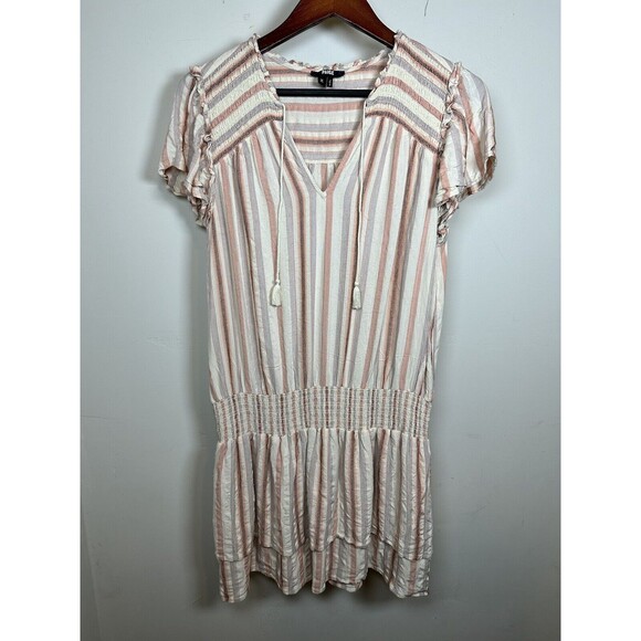 Paige Cristina Minidress In Ecru Smocked Tiered Fits Like a Size L Pink Stripes - Picture 3 of 8